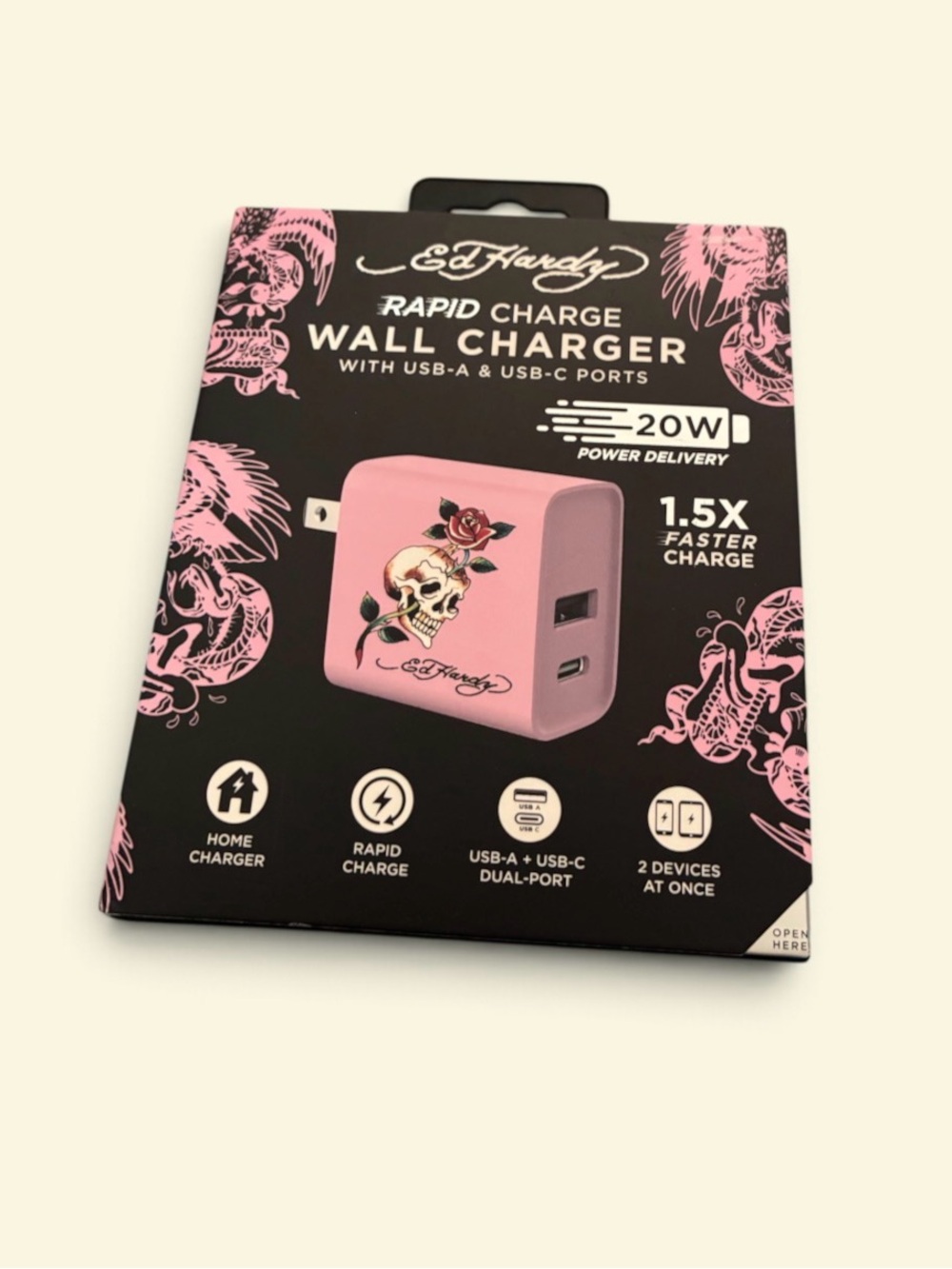 Ed Hardy Pink Dual-Port 20W Rapid Charge Wall Charger with Skull Graphic